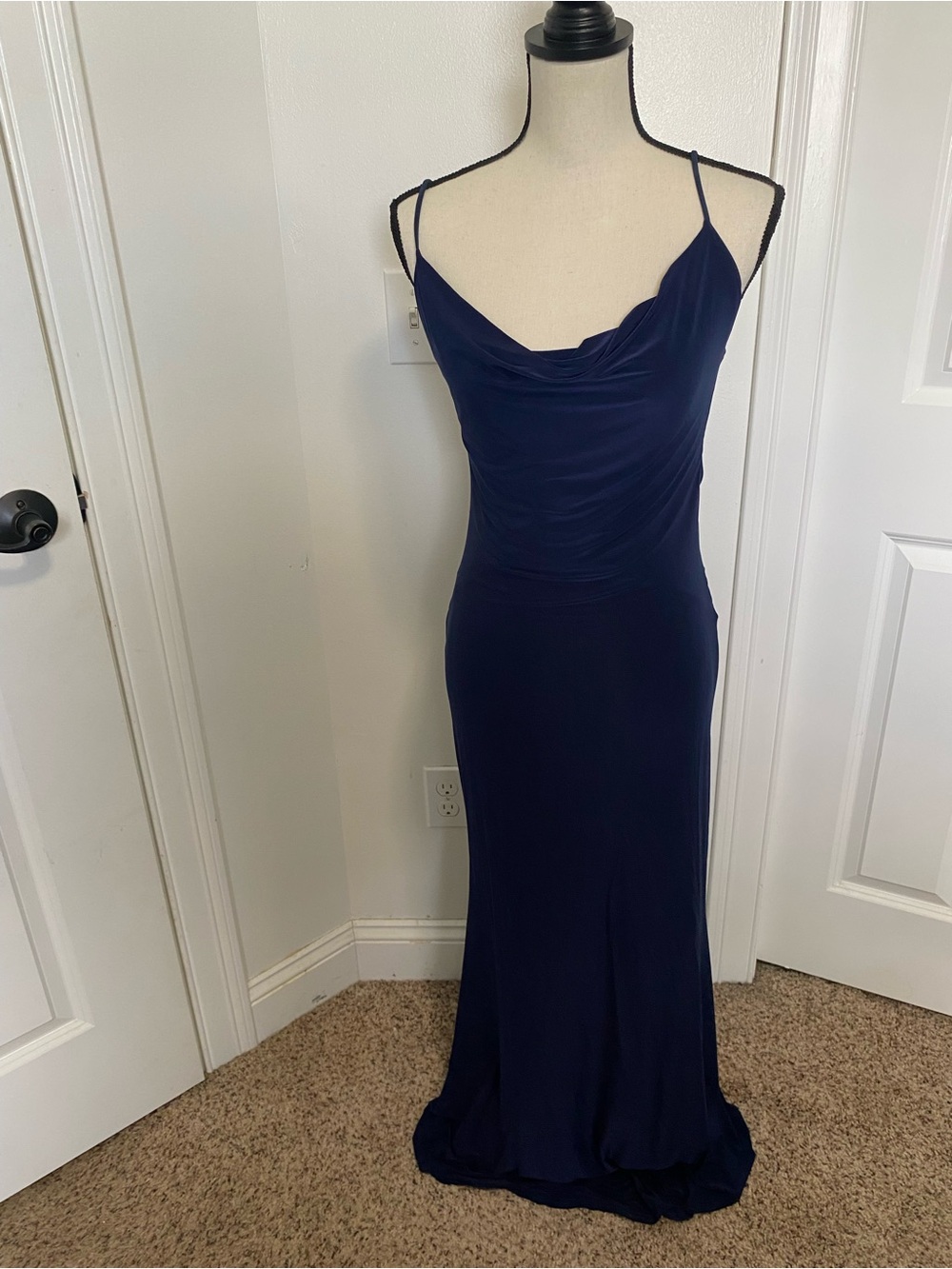 Club L London Francoise Navy Cowl Neck Spaghetti Strap Evening Dress